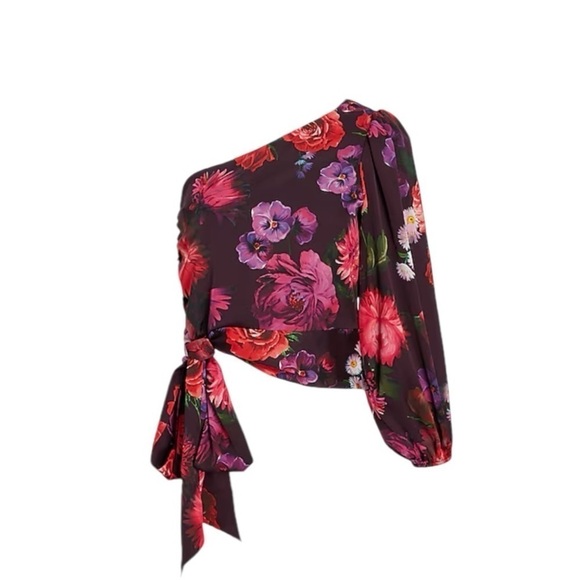 🎁Express Satin Floral One Shoulder Tie Waist Top size Small - Picture 5 of 7